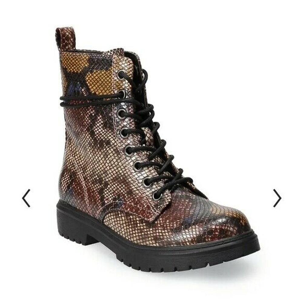 NIB SO Bowfin Women's Combat Ankle Lace-Up/Zipper Boots - Snakeskin - Size 7.5